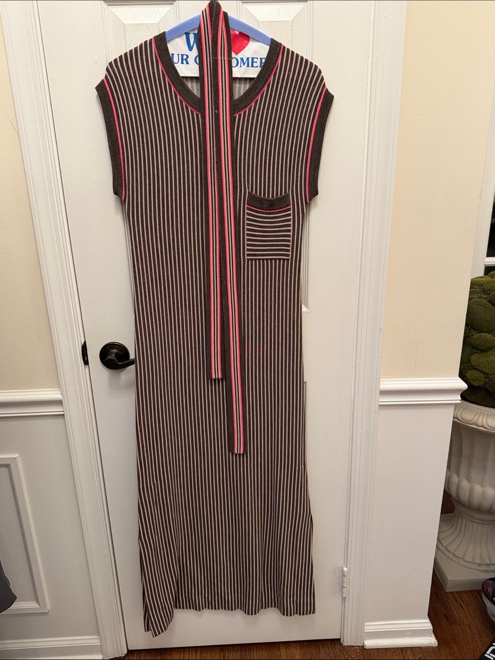 J.Crew Sleeveless Striped Knit Midi Dress with Neck Tie - Brown & Pink
